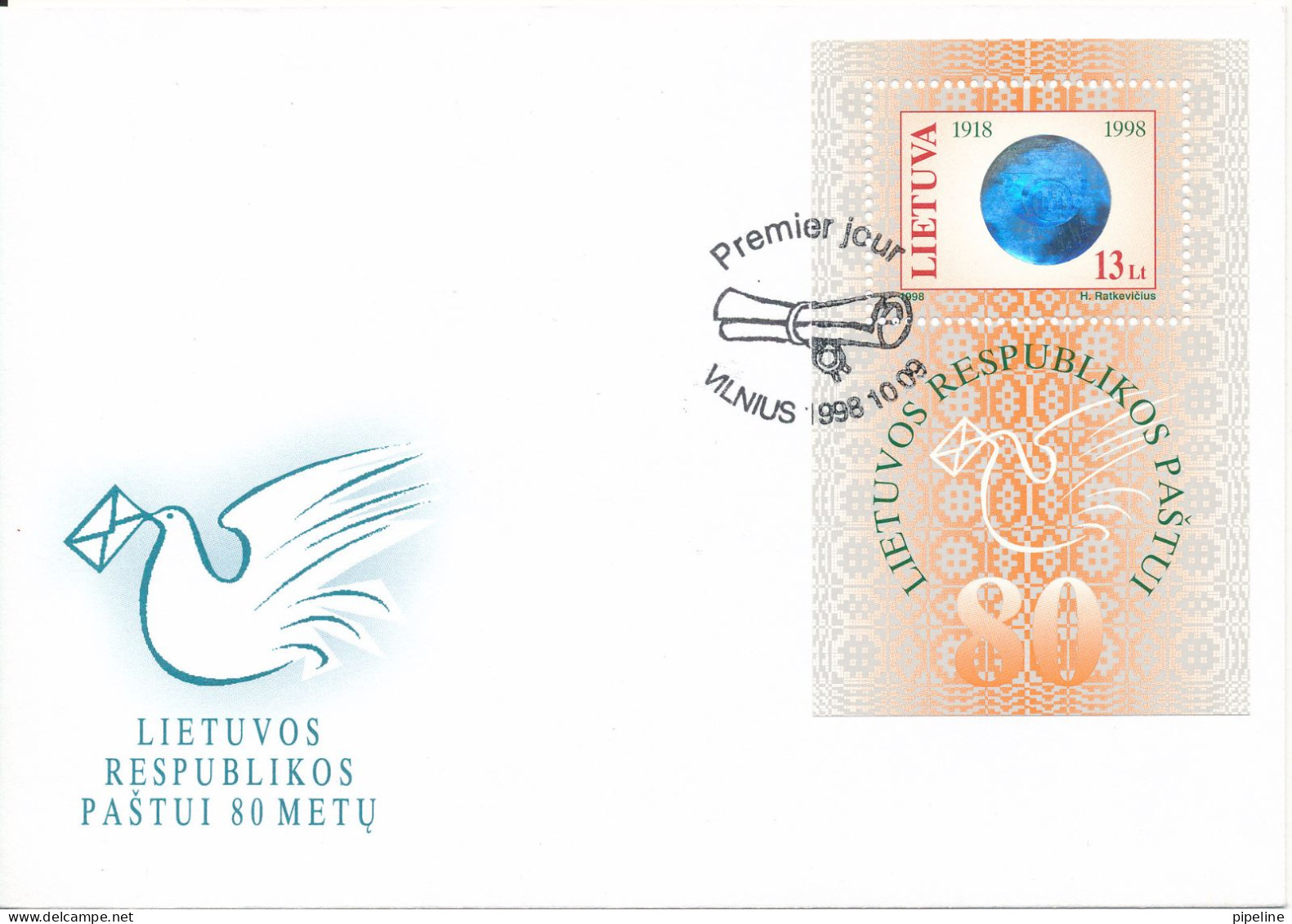 Lithuania FDC 10-9-1998 Souvenir Sheet HOLOGRAM  Lithuanian Post 80th Anniversary With Cachet - Lituania