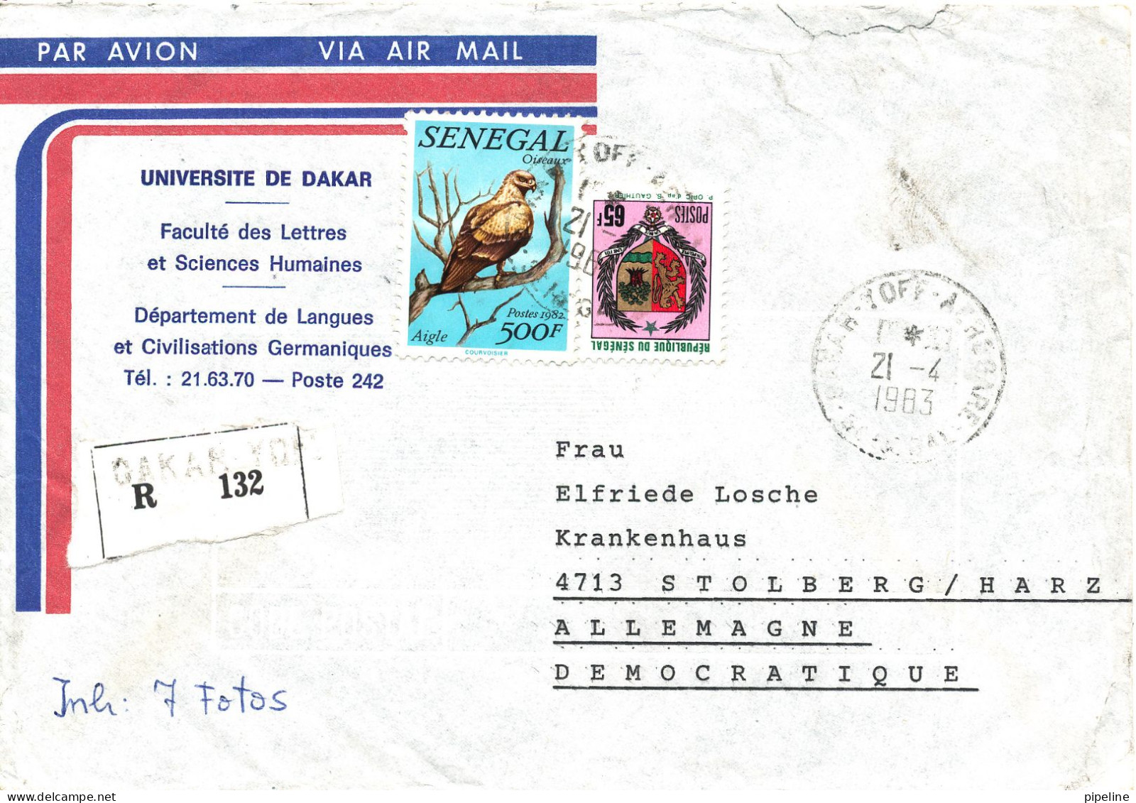 Senegal Registered Air Mail Cover Sent To Germany DDR Dakar 21-4-1983 Topic Stamps BIRD - Senegal (1960-...)