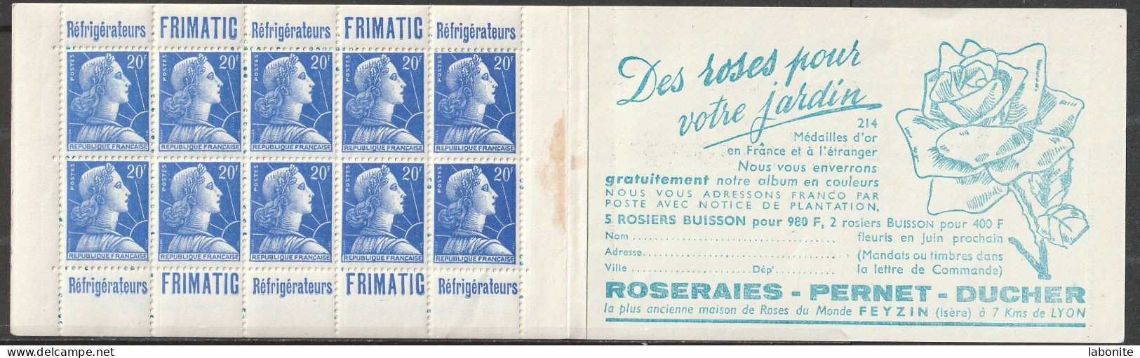 Publicité - YT 1011B-C14 Marianne De Muller 20F Bleu - 1/2 Carnet Pub "Frimatic-Frimatic"  Maury CA 320 Série 16-58 TTB - Unused Stamps