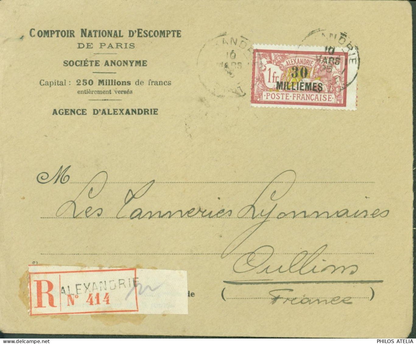 Comptoir National D'escompte De Paris Agence D'Alexandrie YT Merson N°58 Alexandrie 1F Surchargé 30 Millièmes Recommandé - Lettres & Documents