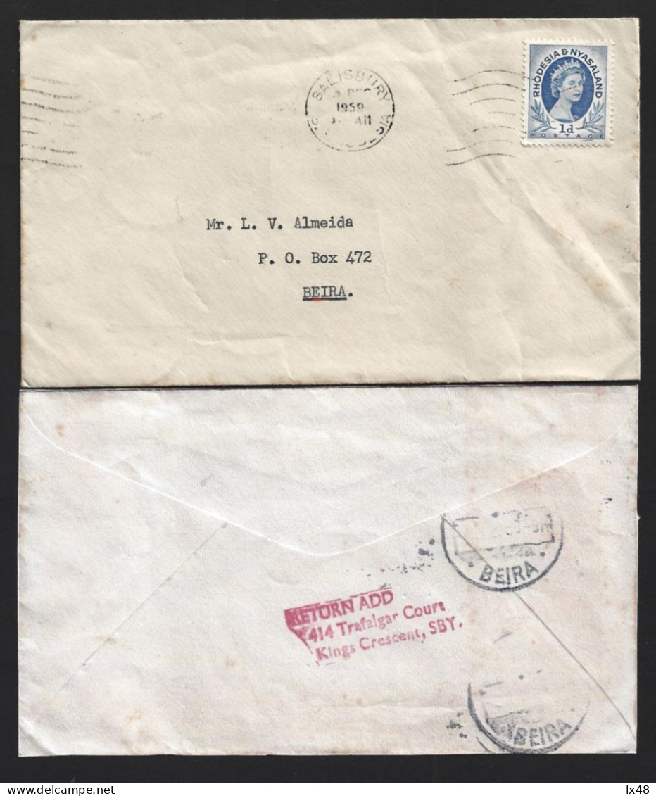 Letter With Stamp And Obliteration From Salisbury, Rhodesia, 1959. Returned From Beira, Mozambique. - Rhodesien & Nyasaland (1954-1963)