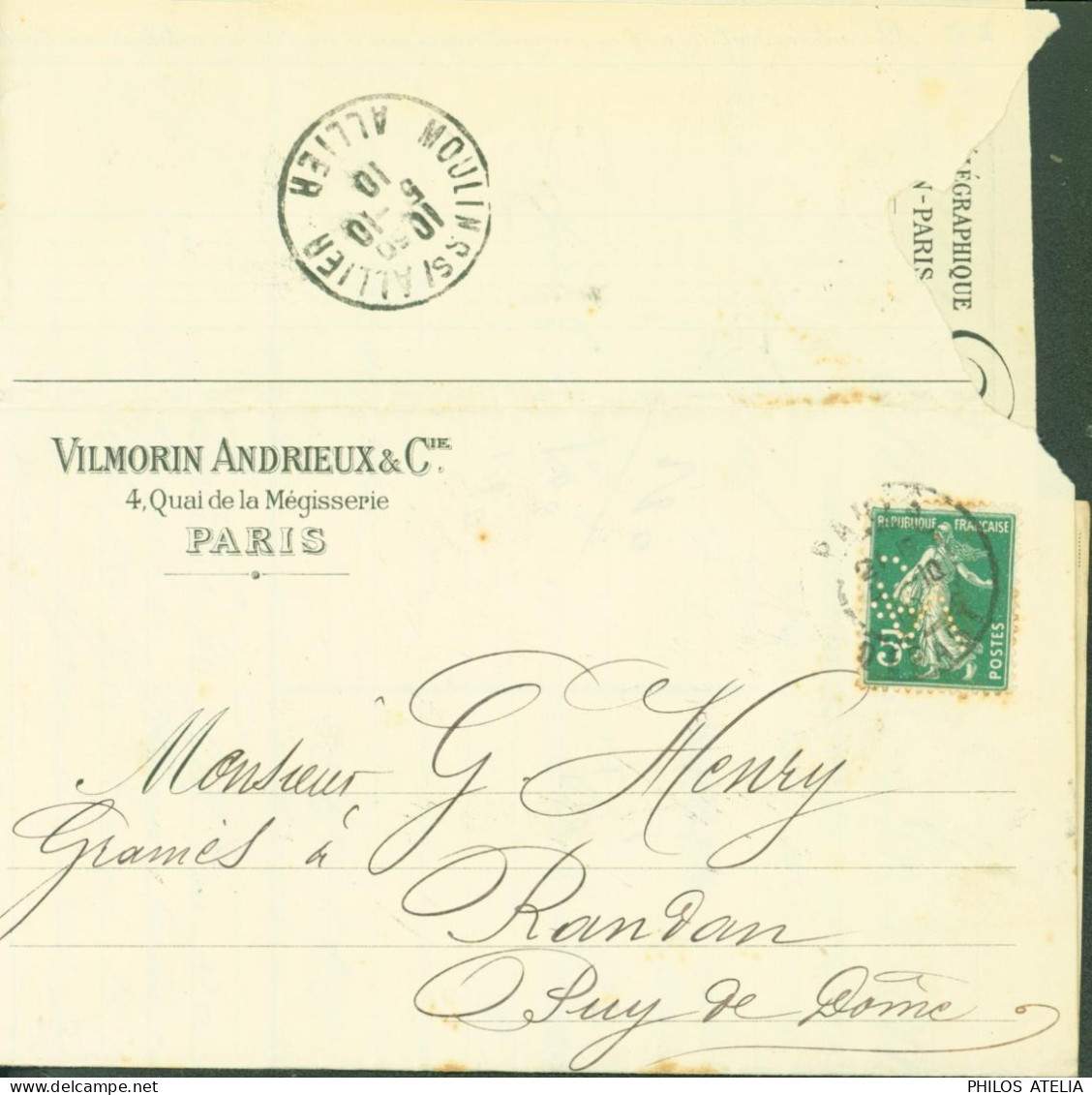 YT N°137 Semeuse Camée 5c Vert Perforé Perforation VA/C Vilmorin Andrieux & Cie Paris Graines & Plantes - Storia Postale