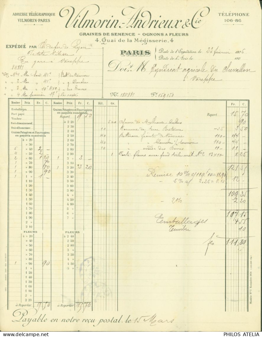 YT N°130 Semeuse Lignée 15c Bronze Perforé Perforation VA/C Vilmorin Andrieux & Cie Paris CAD Paris Gare De Lyon 1906 - Brieven En Documenten