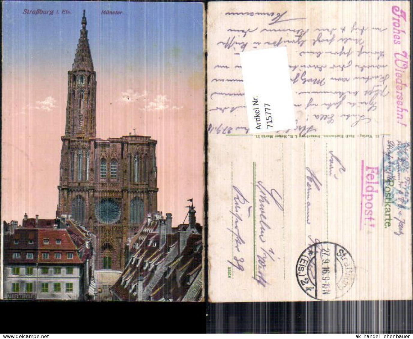 715777 Straßburg Strasbourg Elsass Münster Feldpost Schwelm  - Elsass