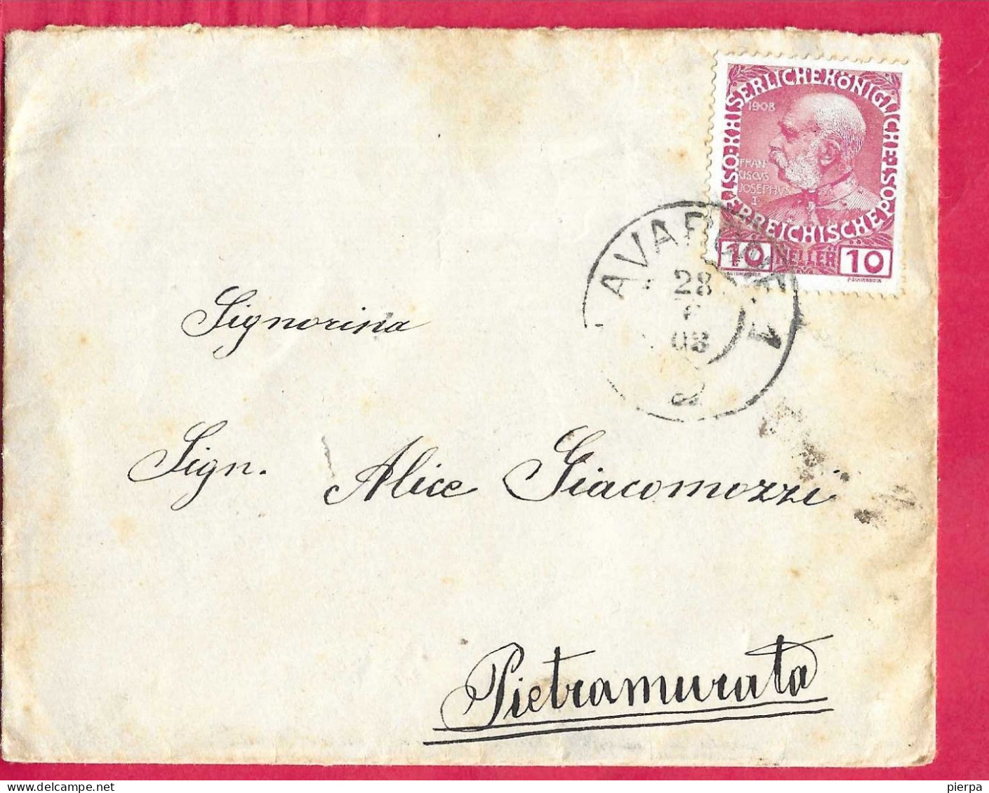 ANNULLO AUSTRIACO"LAVARONE*28.6.08* SU BUSTA PER PIETRAMURATA - Storia Postale