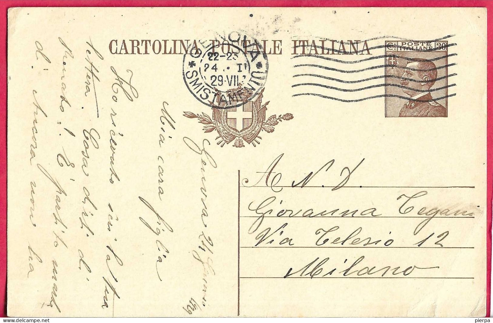 INTERO CARTOLINA POSTALE MICHETTI C. 30 BRUNO (INT. 65B) DA GENOVA *24.1.29* PER MILANO - Stamped Stationery