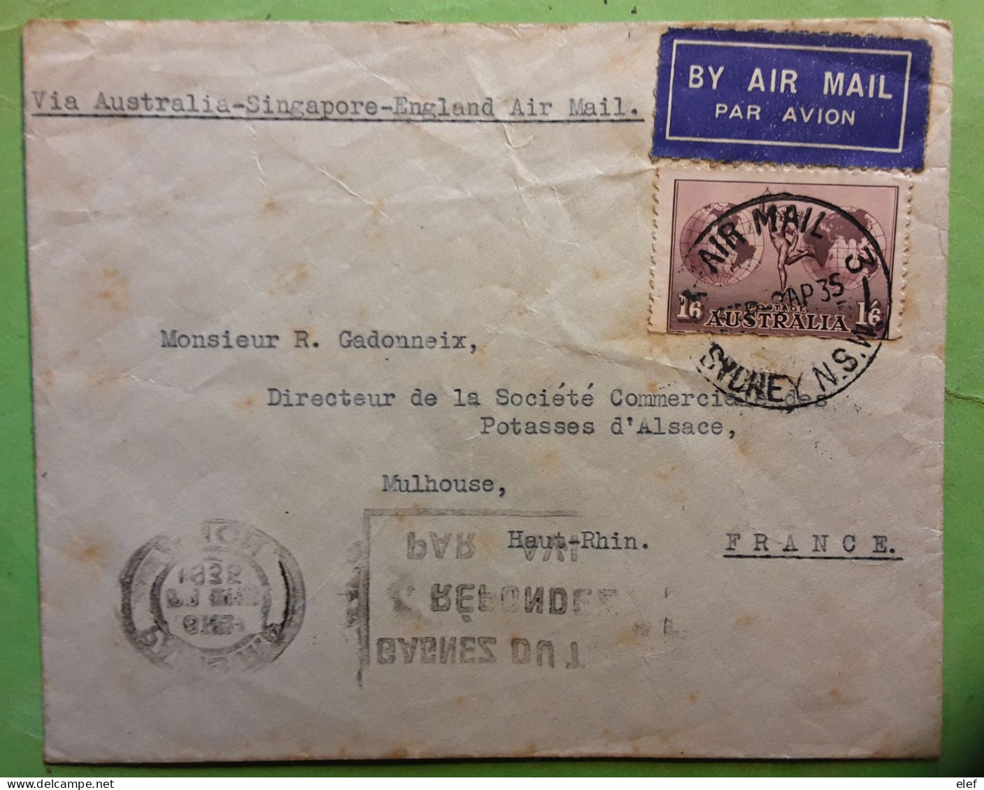 AUSTRALIA 1935 Sydney Airmail Cover Yvert No 5, 1/6 Sh Brun Lilas,Via Singapore England > STE Potasses D'Alsace Mulhouse - Cartas & Documentos