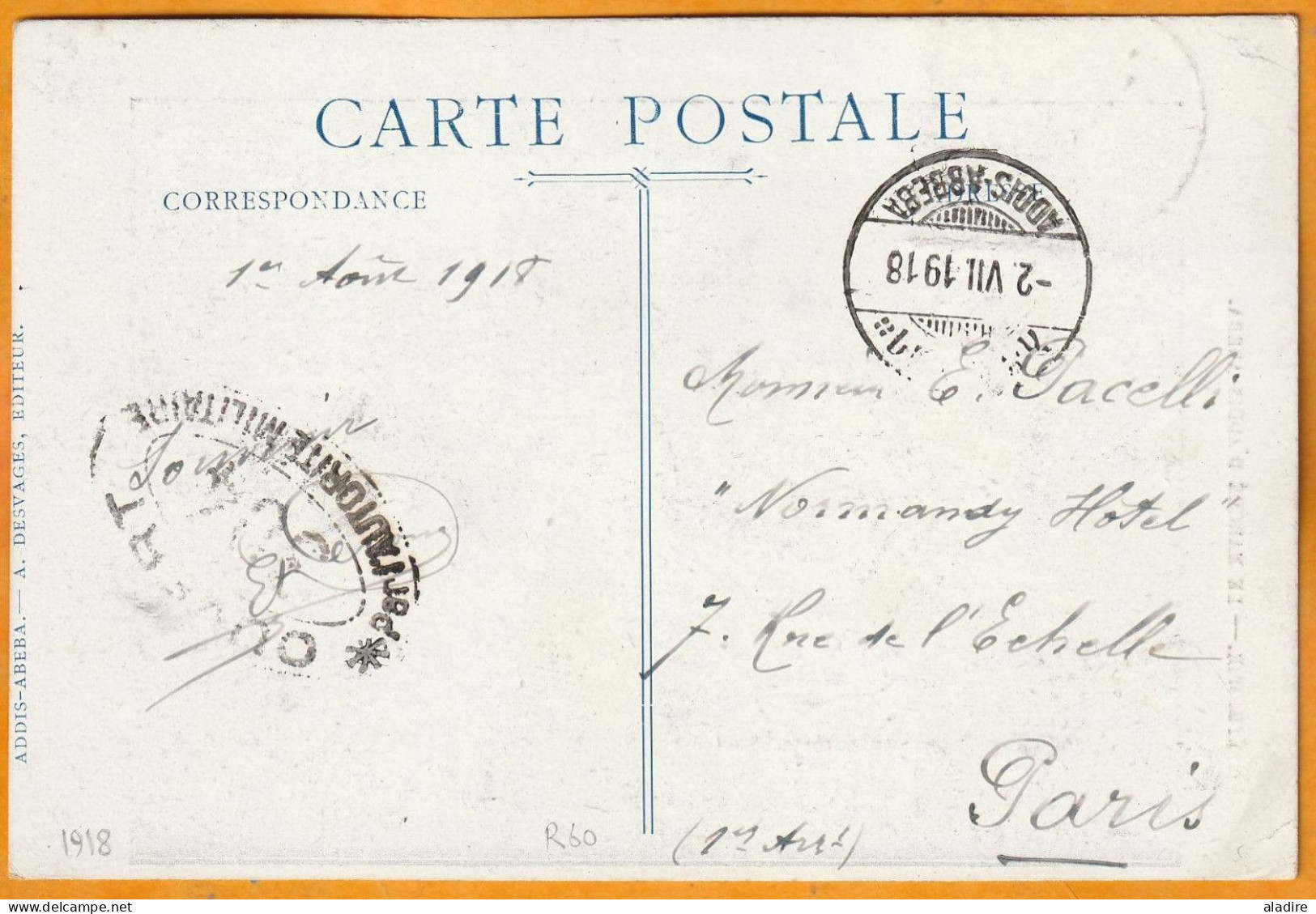 1918 - Carte Postale D'ADDIS ABBEBA, Ethiopie Vers PARIS, France - Timbre 1/2 Guerche Seul - Censure - Ethiopie