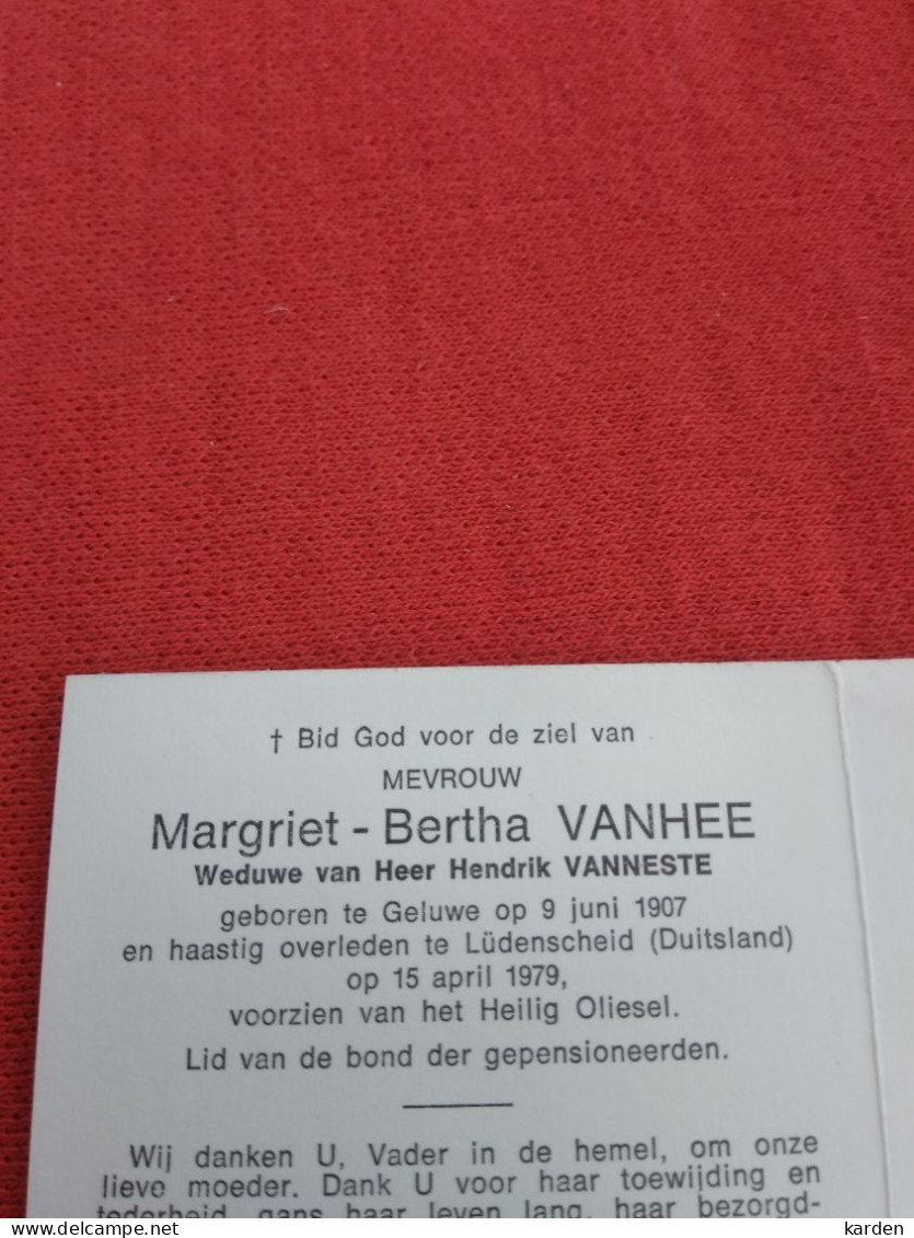 Doodsprentje Margriet Bertha Vanhee / Geluwe 9/6/1907 Lüdenscheid (D) 15/4/1979 ( Hendrik Vanneste ) - Religion & Esotérisme