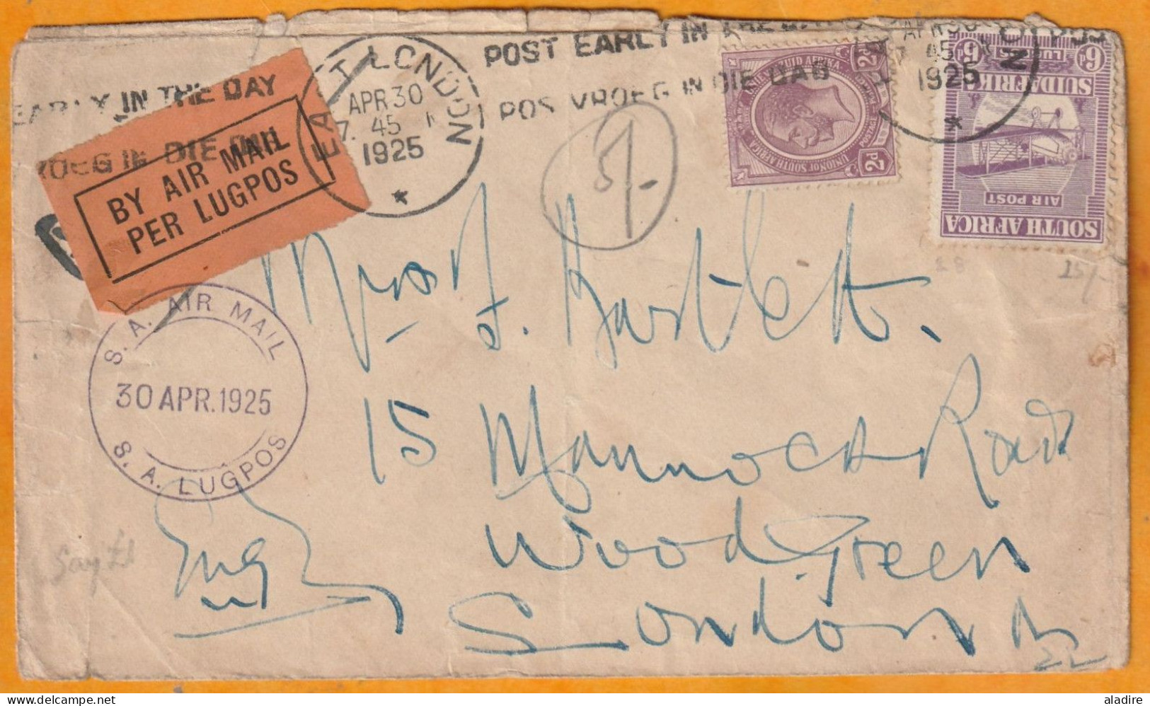 1925 - Precursor Air Mail Cover From EAST LONDON, Oriental Cape To Woodgreen, London, England - LUGPOS - Luchtpost