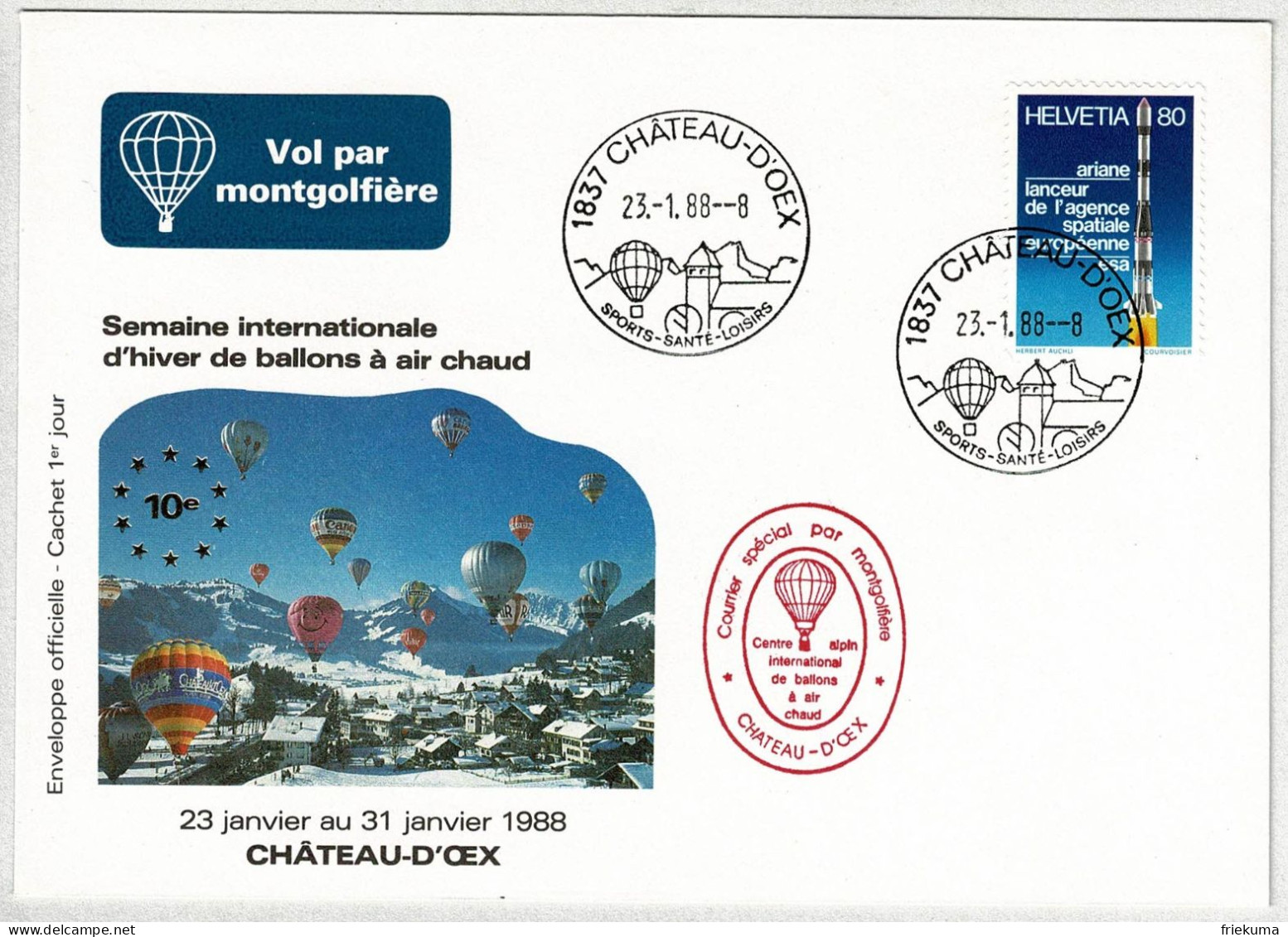 Schweiz / Helvetia 1988, Briefumschlag Semaine Ballons / Balloon Château-d'Oex, Ersttag Stempel  - Luchtballons