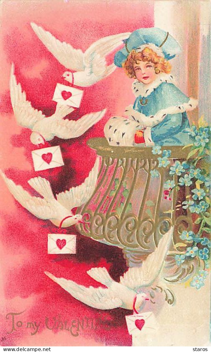 Carte Gaufrée - Clapsaddle - To My Valentine - Jeune Fille Sur Un Balcon Regardant Des Colombes - Valentijnsdag