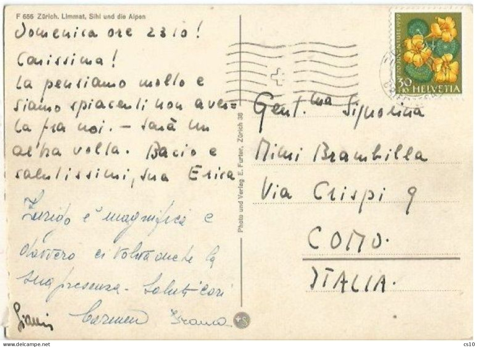 Suisse Pro Juventute 1959 Flowers C.30+10 Solo Franking Pcard Dec1959 To Italy - Poststempel