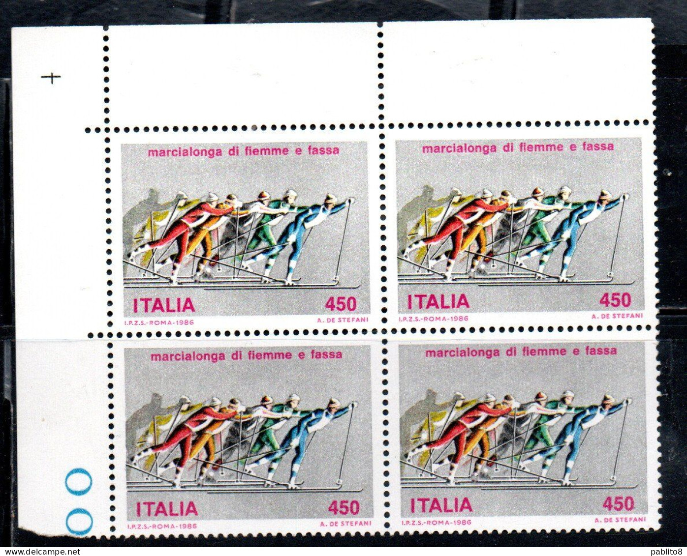 ITALIA REPUBBLICA ITALY REPUBLIC 1986 MARCIALONGA FIEMME E FASSA QUARTINA ANGOLO DI FOGLIO BLOCK MNH - 1981-90: Mint/hinged
