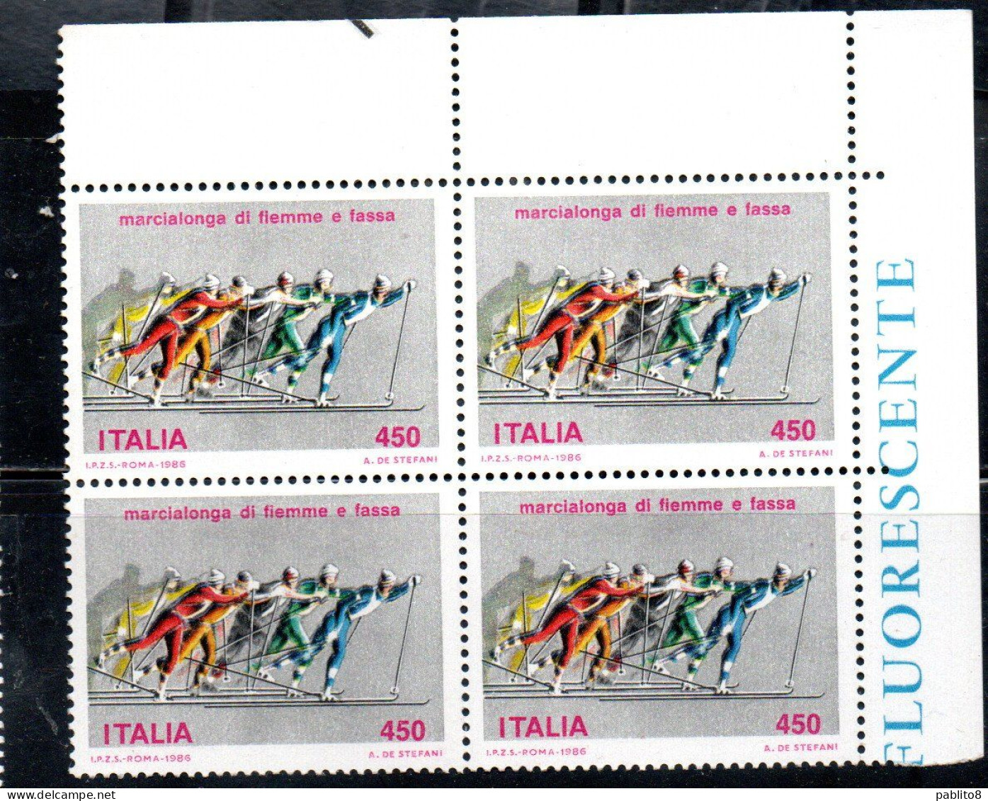 ITALIA REPUBBLICA ITALY REPUBLIC 1986 MARCIALONGA FIEMME E FASSA QUARTINA ANGOLO DI FOGLIO BLOCK MNH - 1981-90: Nieuw/plakker