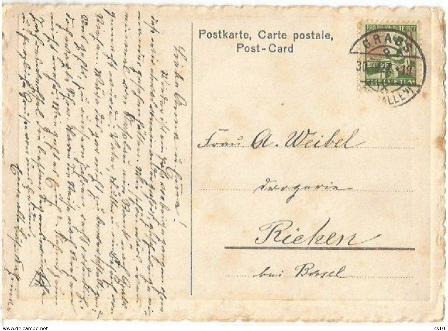 Suisse Pro Juventute 1927 C.10+5 Solo Franking Pcard Grabs 30dec27 - Storia Postale