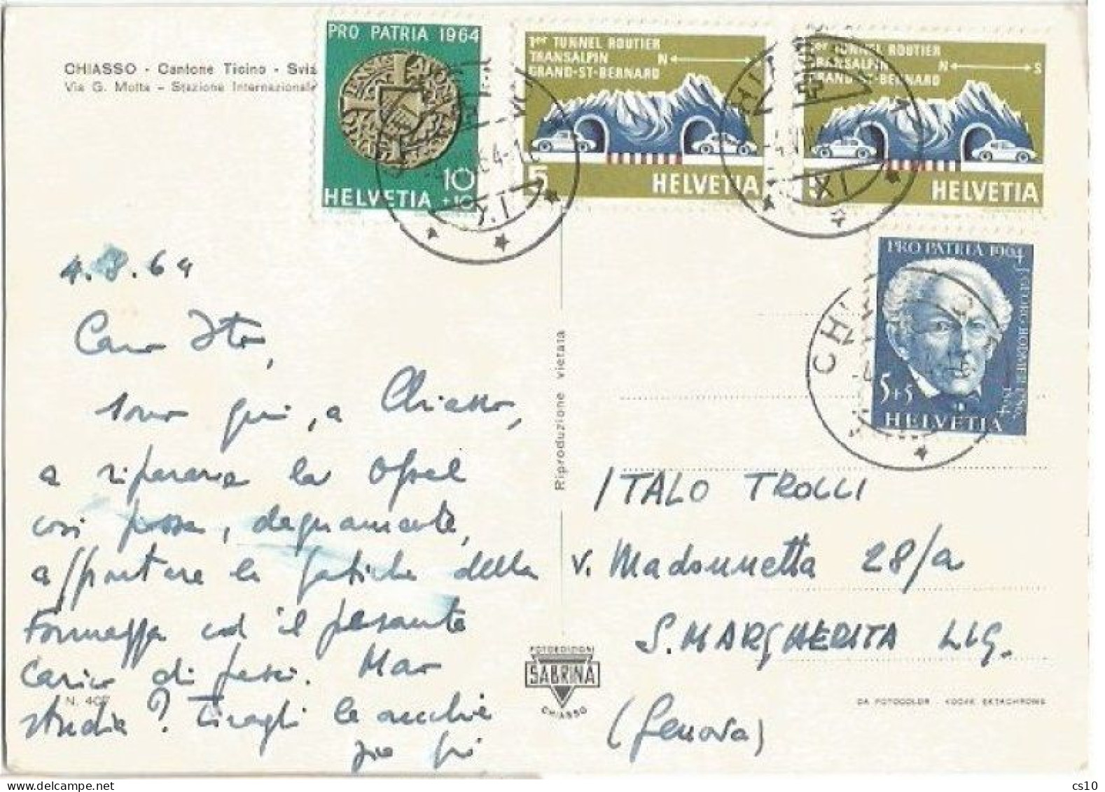 Suisse Nice Twin Values ( C.5 + C.5 + C.5 + Other ) Franking Pcard 1964 To Italy - Marcophilie