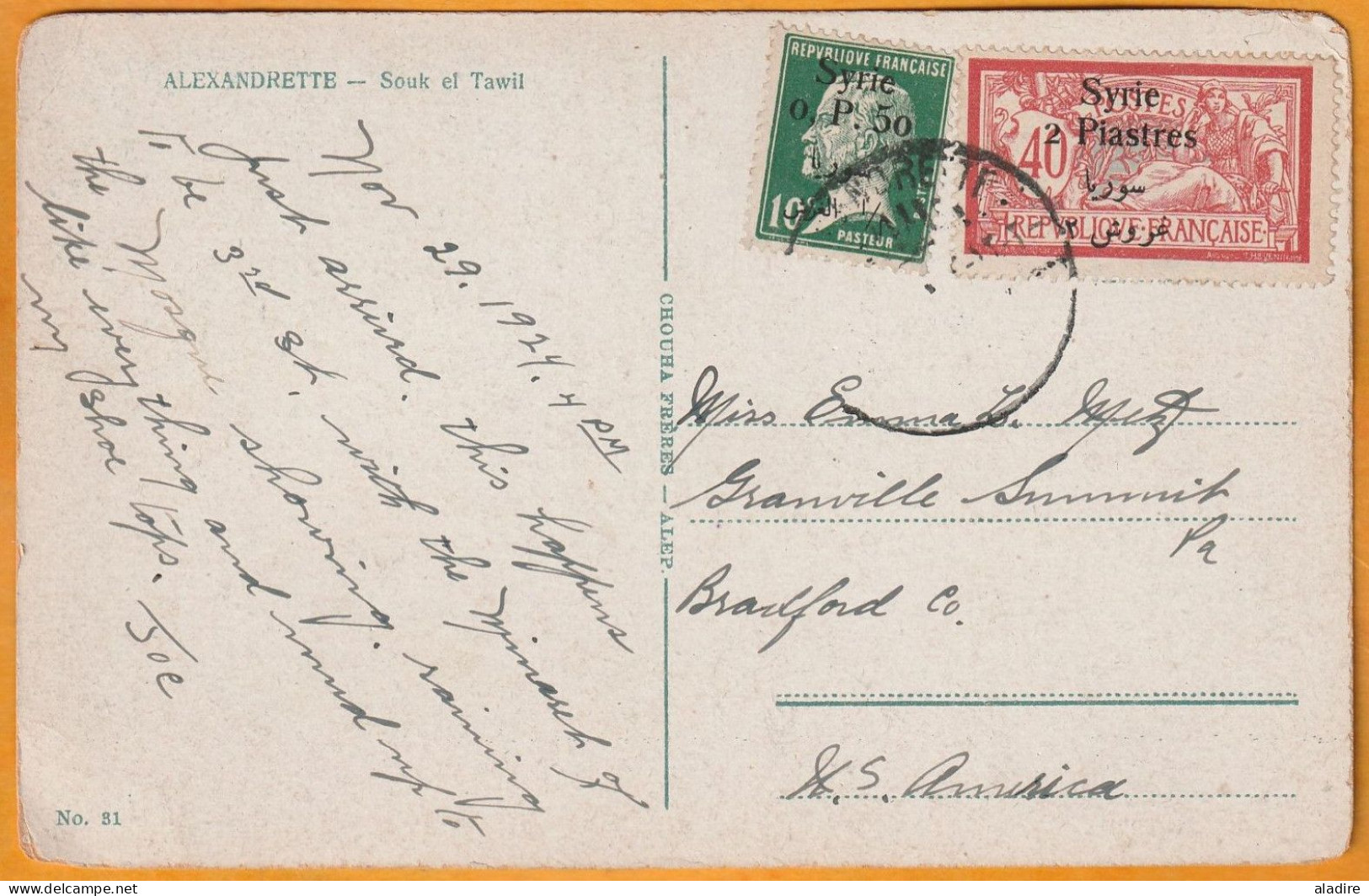 1924 - CP D' ALEXANDRETTE, Iskanderun, Turquie - Mandat Français En Syrie - Vers GRANVILLE, Bradford Co, Florida, USA - Lettres & Documents