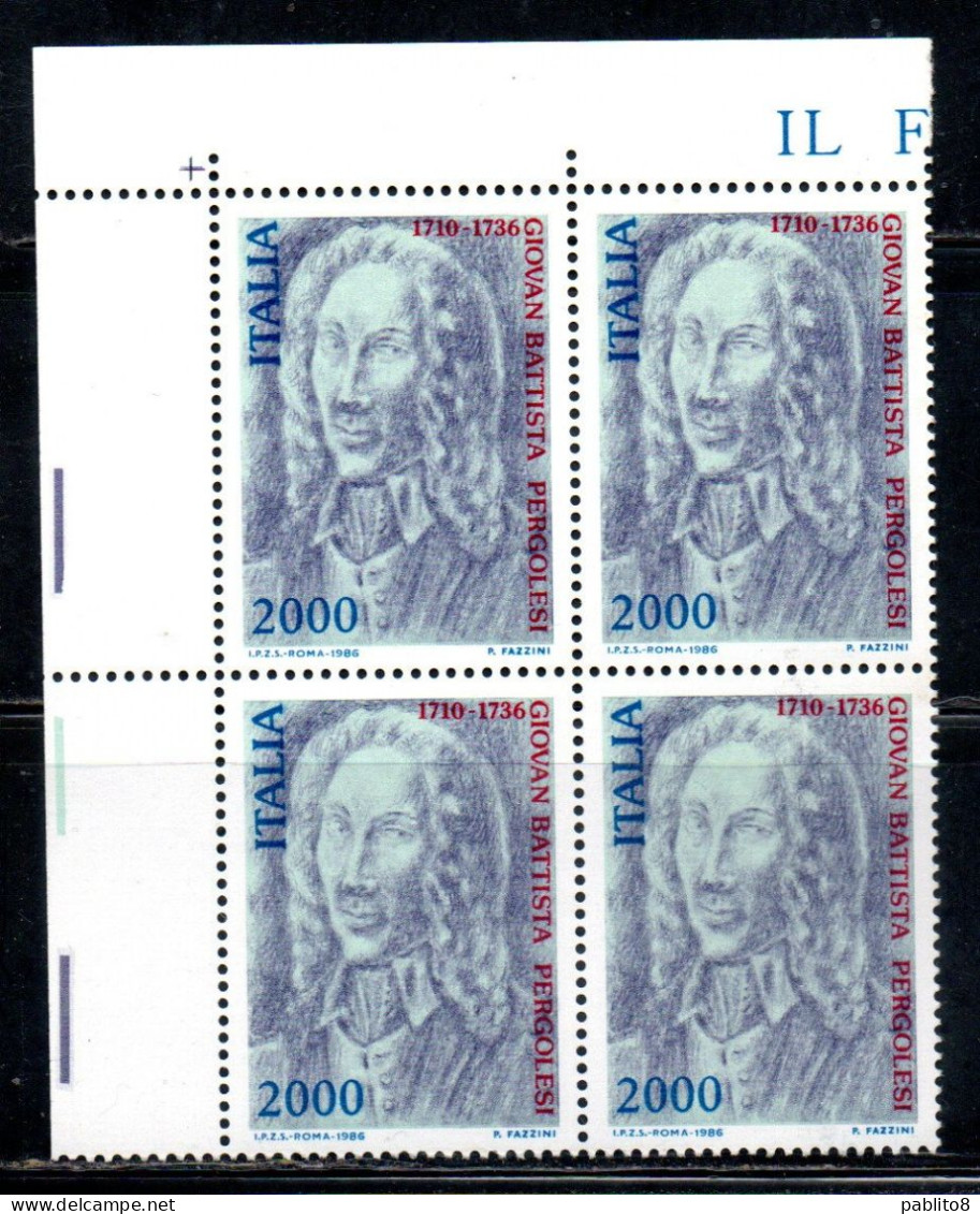 ITALIA REPUBLIC ITALY REPUBLIC 1986 GIOVAN BATTISTA PERGOLESI MUSICISTA QUARTINA ANGOLO DI FOGLIO BLOCK MNH - 1981-90:  Nuovi