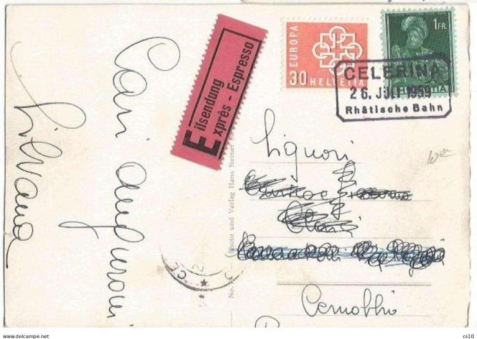 Suisse Express Pcard Celerina 26jul1959 To Italy With Pfyffer F.1 + Europa CEPT C.30 - Marcophilie