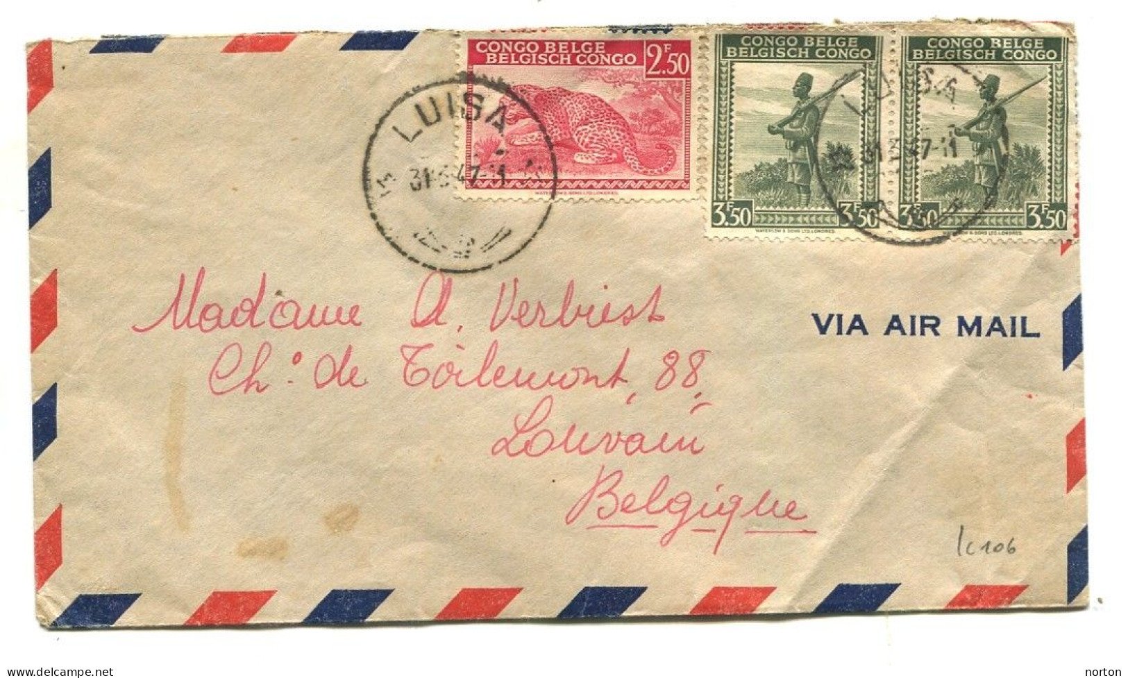 Congo Luisa Oblit. Keach 8A1-Dmyt Sur C.O.B. 261 + 262 (paire) Sur Lettre Vers Louvain Le 31/03/1947 - Brieven En Documenten