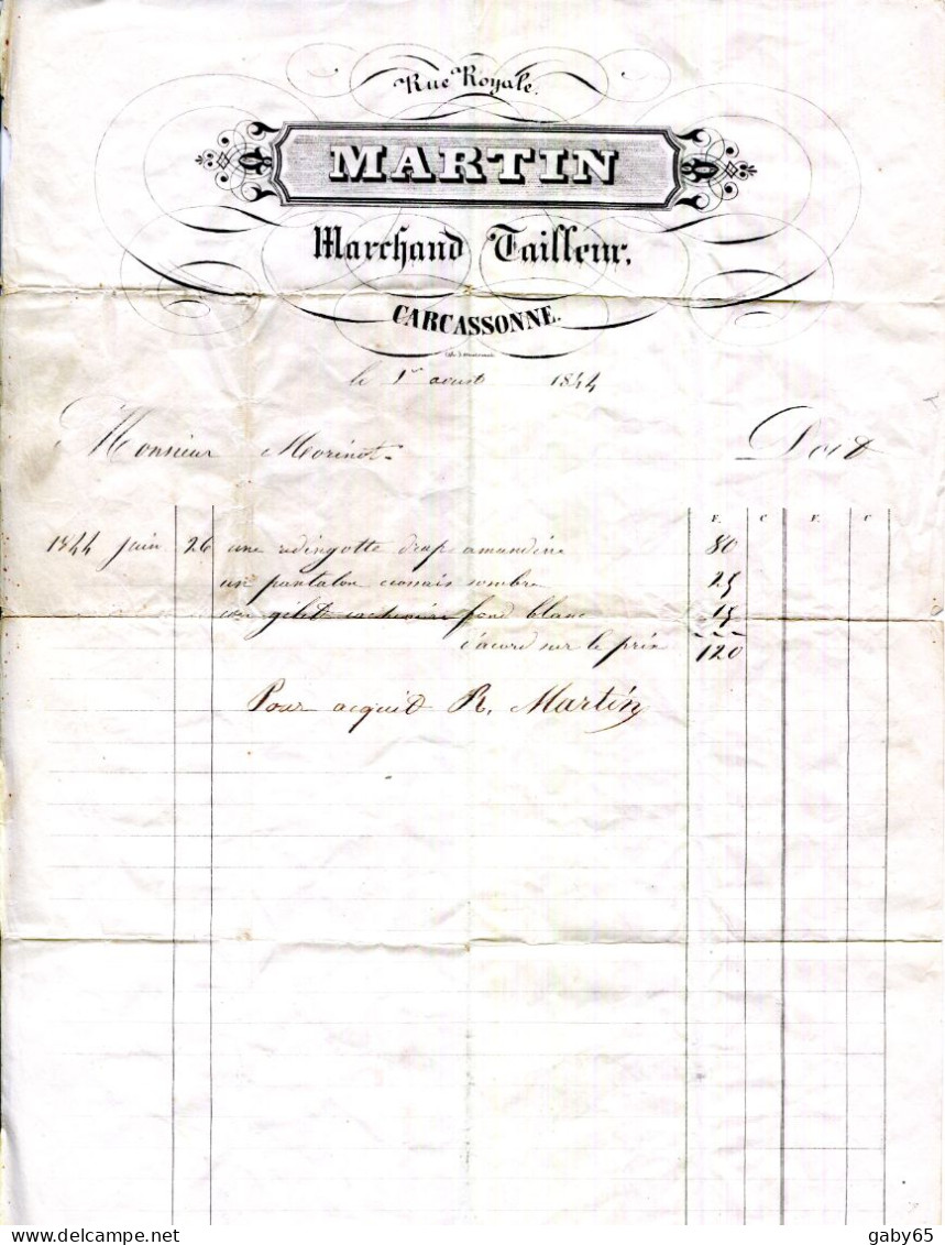 FACTURE.11.AUDE.CARCASSONNE.MARTIN MARCHAND-TAILLEUR RUE ROYALE.1844. - Textile & Clothing