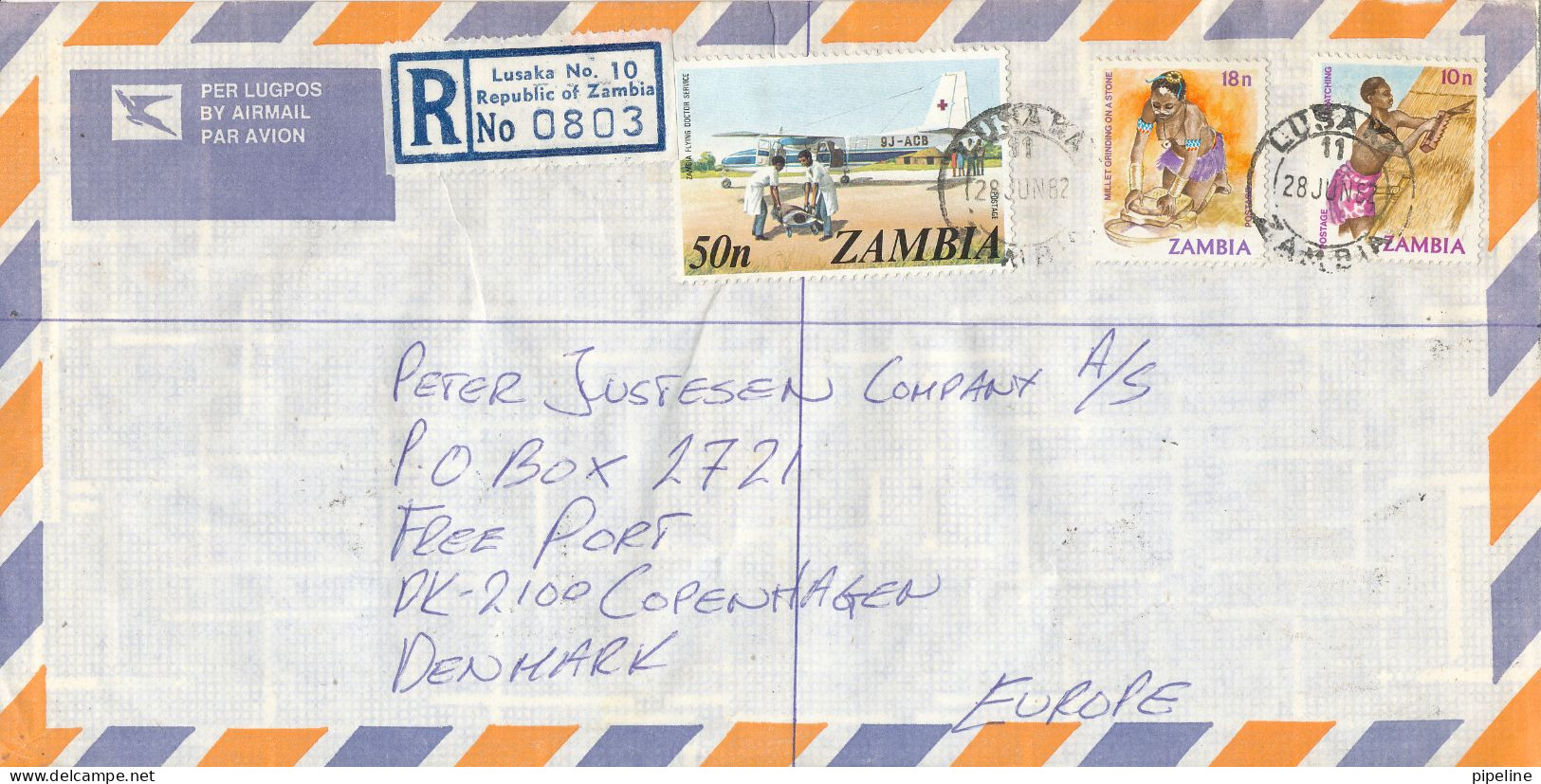 Zambia Registered Air Mail Cover Sent To Denmark Lusaka 28-6-1982 Topic Stamps - Zambie (1965-...)
