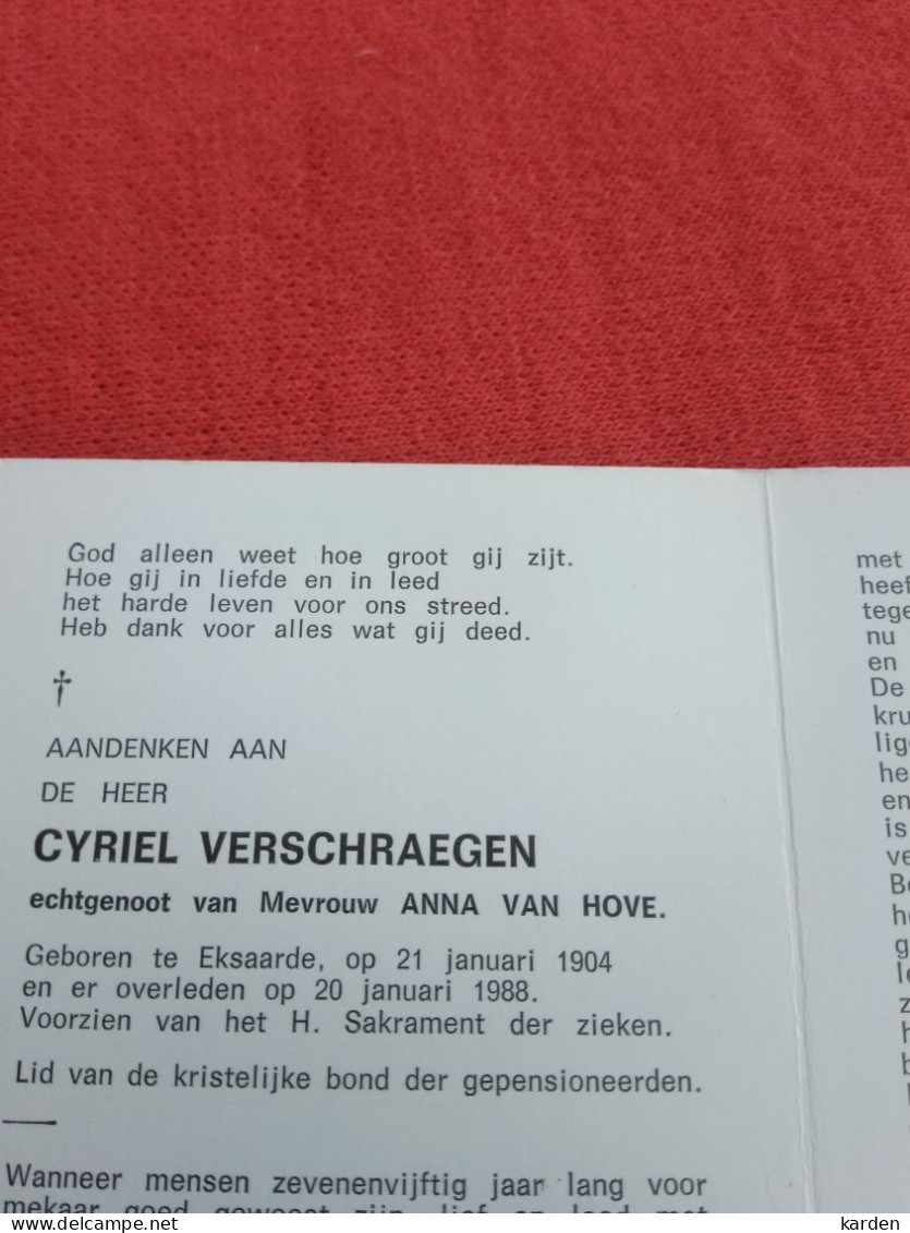 Doodsprentje Cyriel Verschraegen / Eksaarde 21/1/1904 - 20/1/1988 ( Anna Van Hove ) - Religion & Esotérisme