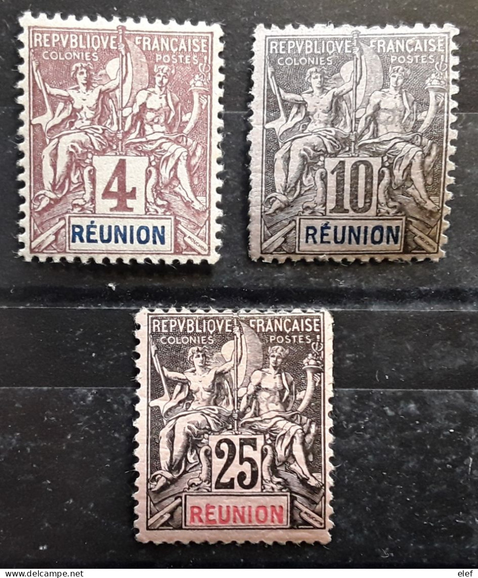 REUNION 1892 Type Groupe,  3 Timbres Yvert No 34,36,39, 4 C , 10 C ,25 C , Neufs * MH TB - Neufs