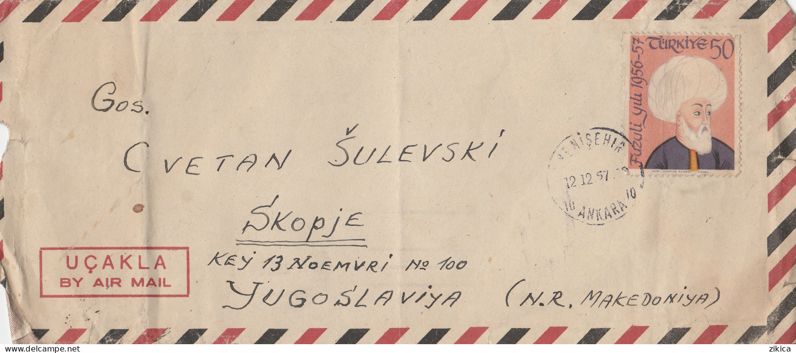 Turkey Air Mail Letter Via Yugoslavia 1957,stamp : 1957 Fuzuli Year - Covers & Documents