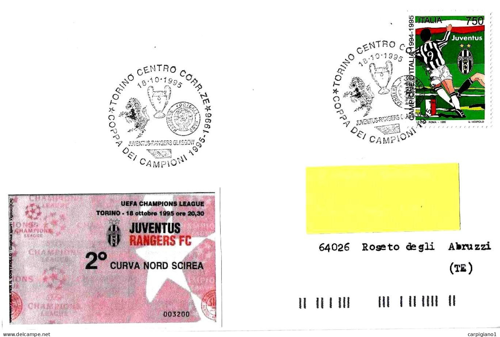 ITALIA ITALY - 1995 TORINO Coppa Campioni 1995-96 JUVENTUS-RANGERS GLASGOW 4-1 - 7824 - 1991-00: Storia Postale