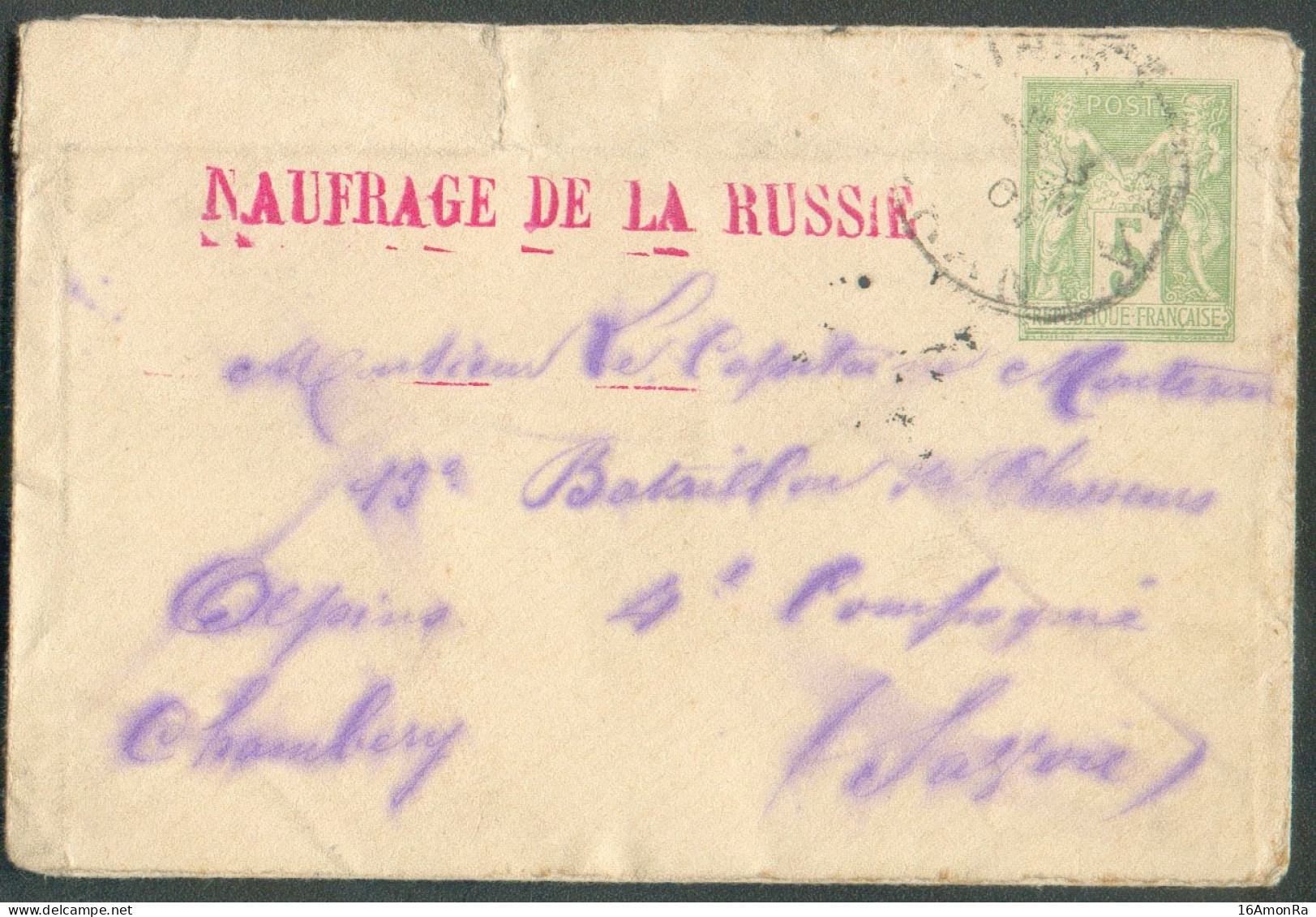 Entier Sage Lettre Pour Carte De Visite 5c Vert Jaune Oblitéré " ORAN/ORAN " 1901 Griffe Paquebot " NAUFRAGE DE LA RUSSI - Lettres Accidentées