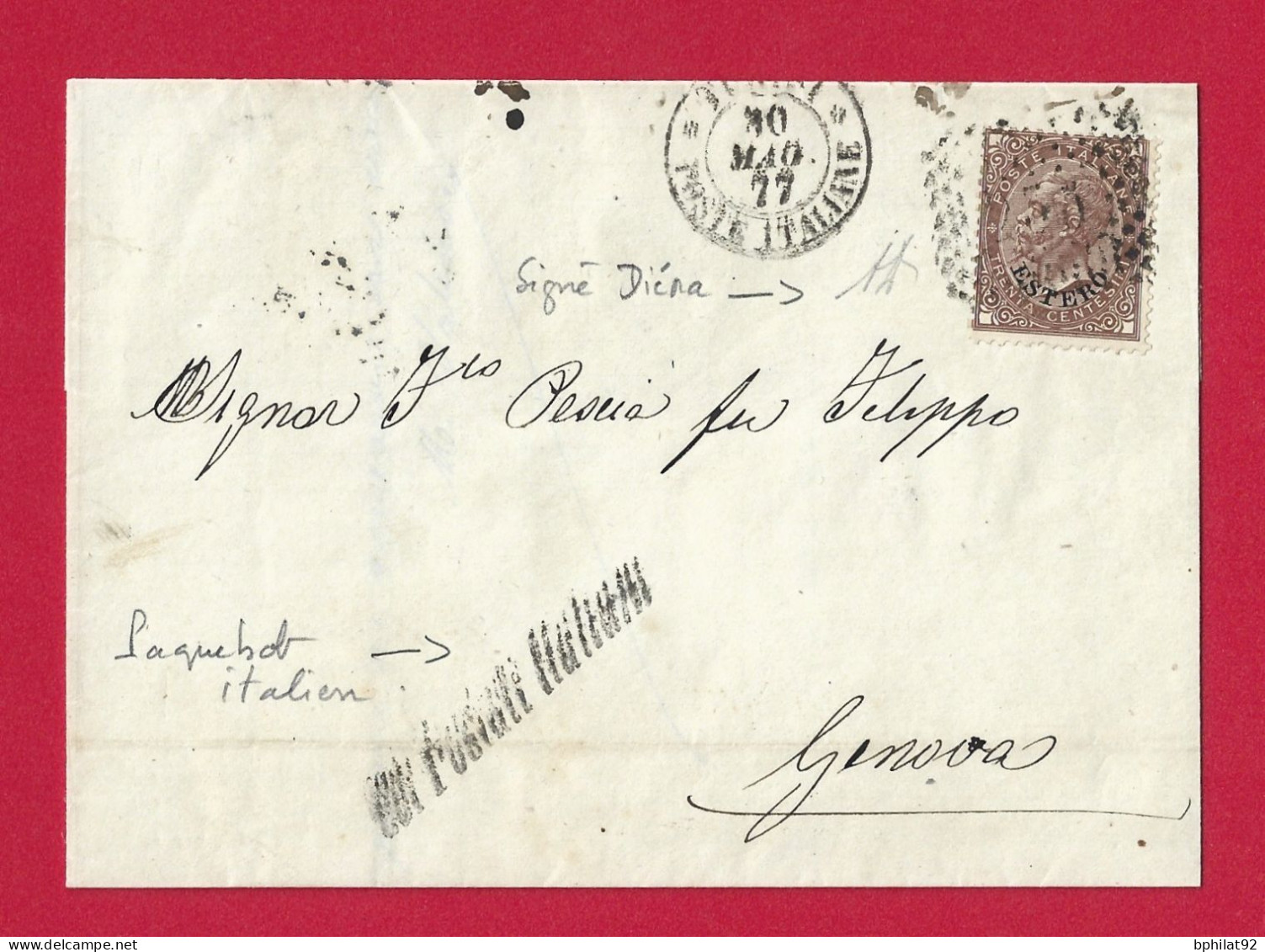 !!! ITALIE, LETTRE DE TUNISIE ITALIENNE DE 1877 POUR GÊNES PAR PAQUEBOT ITALIEN, SIGNÉE DIÉNA - Sonstige & Ohne Zuordnung