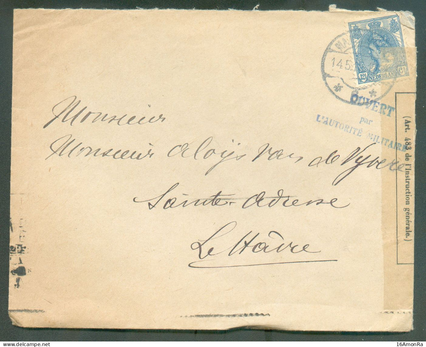 PAYS-BAS 12½c. Obl. Dc MAASTRICHT Sur Lettre Du 14.5.1917 Vers A. Van De Vijvere Ste-Adresse Le Havre + Bande De Contrôl - Autres & Non Classés