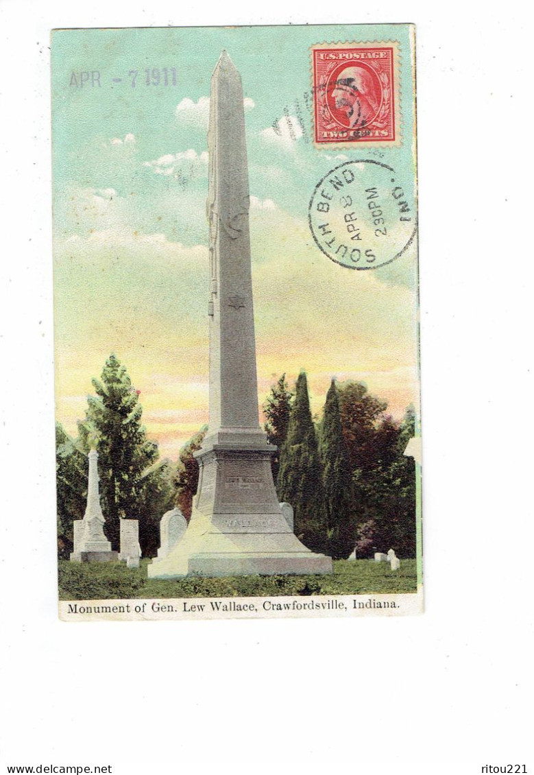 Cpa - Crawfordsville Indiana, Monument General Lew Wallace - 1911 - Sonstige & Ohne Zuordnung
