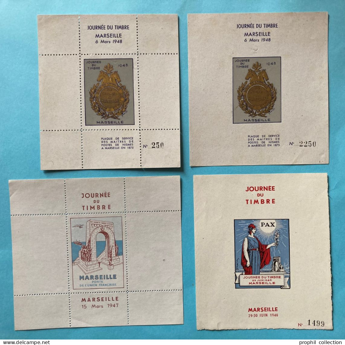 LOT De 4 BLOCS FEUILLET (ETAT) Avec VIGNETTE " JOURNÉE DU TIMBRE DE MARSEILLE " 1946 1947 1948 - Expositions Philatéliques