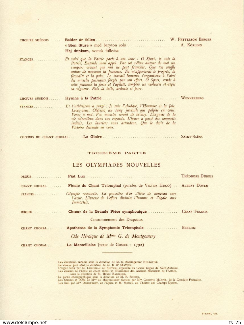 PROGRAMME - JEUX OLYMPIQUES - PALAIS DU TROCADERO 18 JUIN 1914 - STERN IMPRIMEUR - Programas