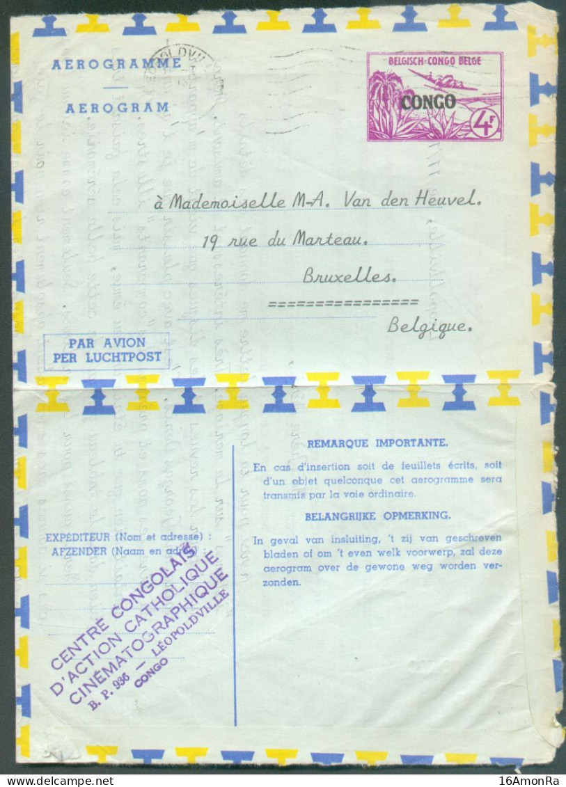 CENTRE CONGOLAIS D'ACTION CATHOLIQUE CINEMATOGRAPHIQUE AEROGRAMME 4Fr. Surchargé CONGO Obl. Mécanique LEOPOLDVILLE 11-1- - Enteros Postales