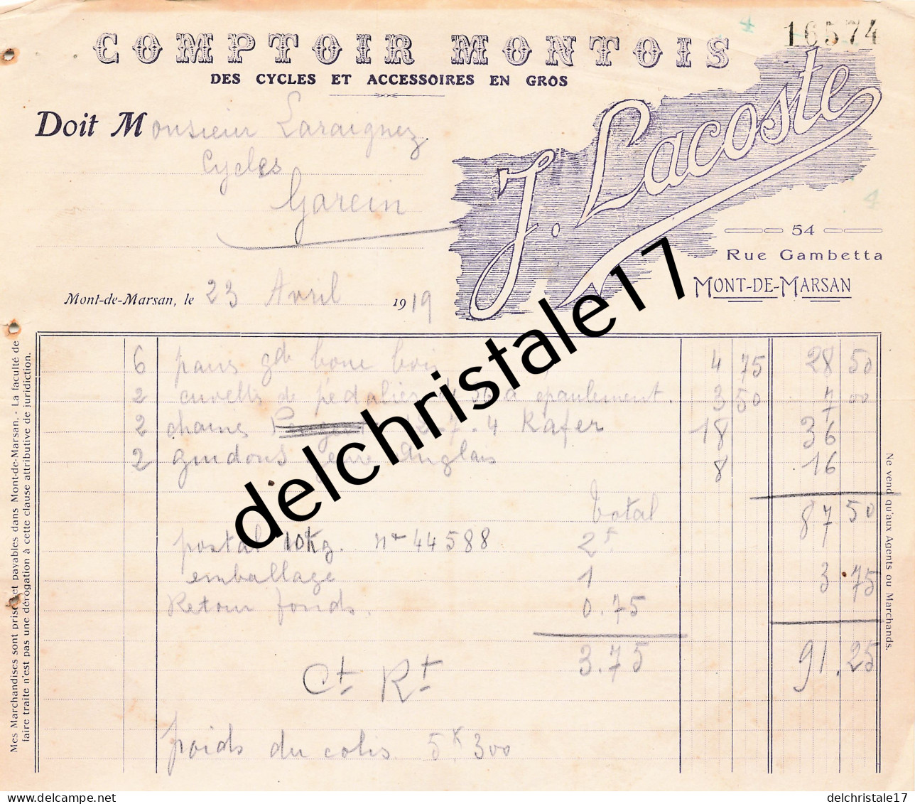 40 0263 MONT DE MARSAN LANDES 1919 Comptoir MONTOIS De Cycles & Accessoires J. LACOSTE Rue Gambetta à LARAIGNEZ - Automobile