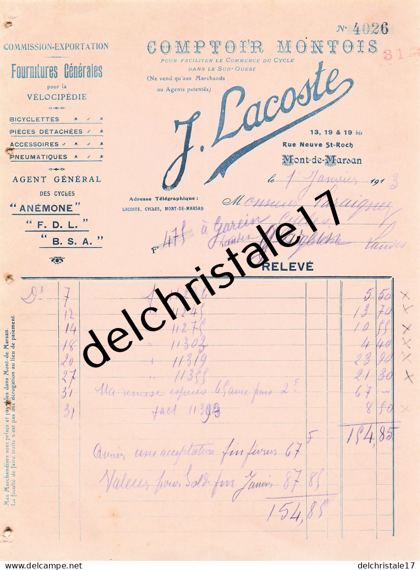 40 0261 MONT-de-MARSAN LANDES 1913 Fournitures Vélocipèdie J. LACOSTE Comptoir Montois Rue Neuve St Roch à LARAIGNEZ - Old Professions