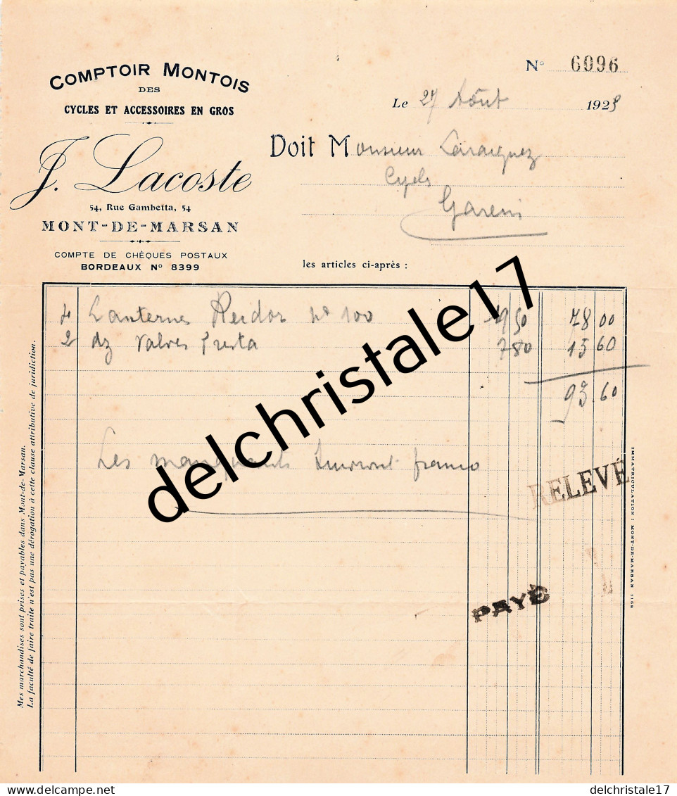 40 0266 MONT DE MARSAN LANDES 1923 Comptoir MONTOIS De Cycles & Accessoires J. LACOSTE Rue Gambetta à LARAIGNEZ - Auto's