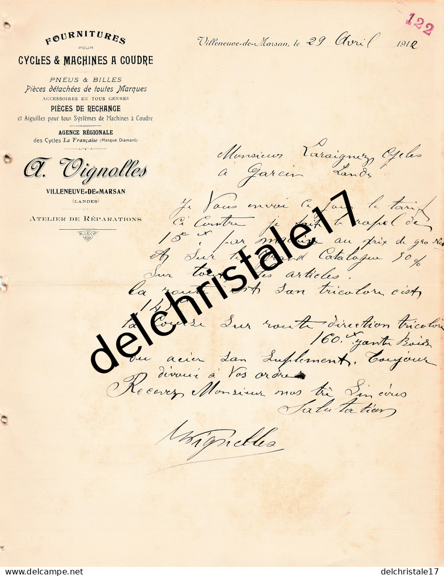 40 0270 VILLENEUVE DE MARSAN LANDES 1912 Fournitures Cycles Machines à Coudre A. VIGNOLLES Pneux Billes à LARAIGNEZ  - Auto's