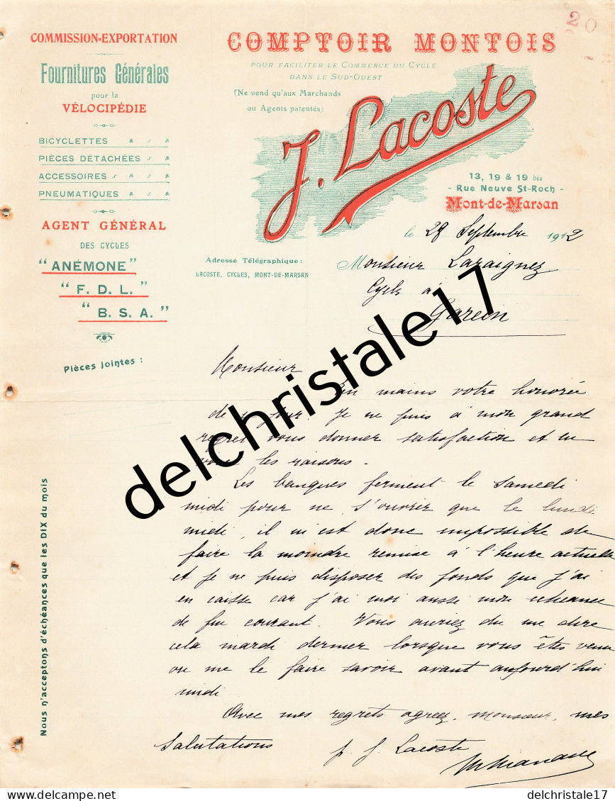 40 0259 MONT-de-MARSAN LANDES 1912 Fournitures Pour Vélocipèdie J. LACOSTE Cycles TOROS Rue Neuve St Roch à LARAIGNEZ - Auto's