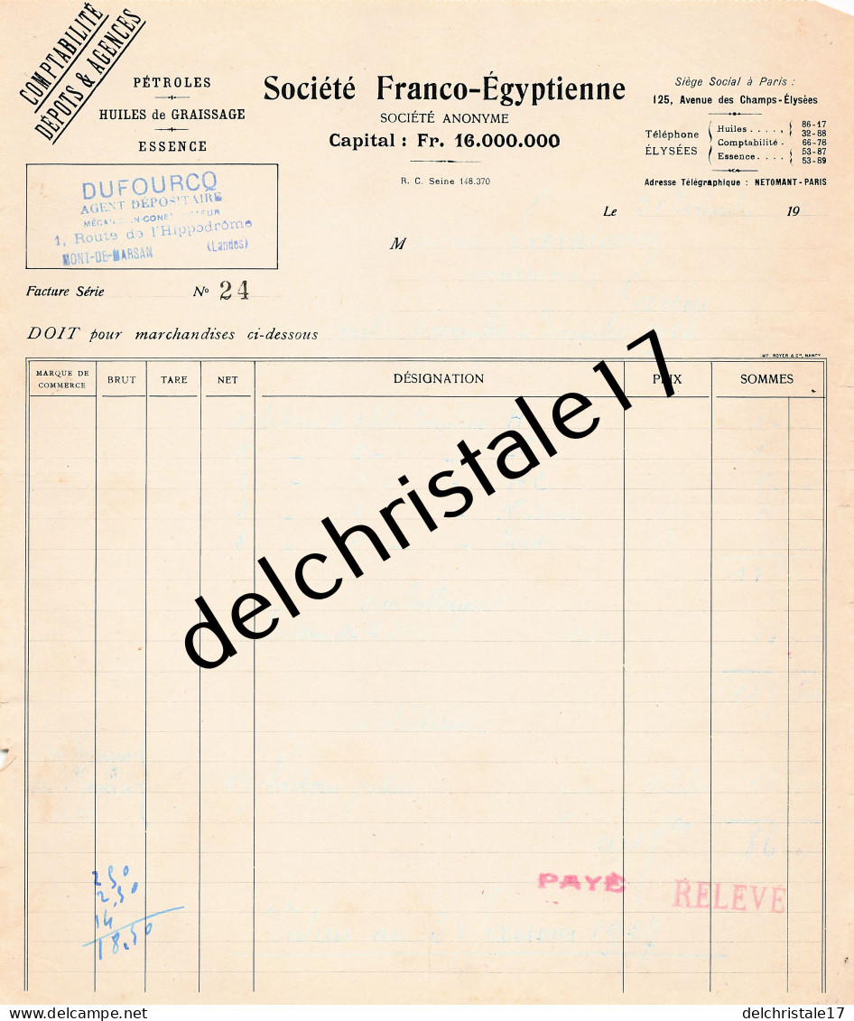 40 0248 MONT DE MARSAN LANDES 1921 Pétroles Essences Huiles DUFOURCQ Agent Sté Franco-Égyptienne à LARAIGNEZ - Drogisterij & Parfum