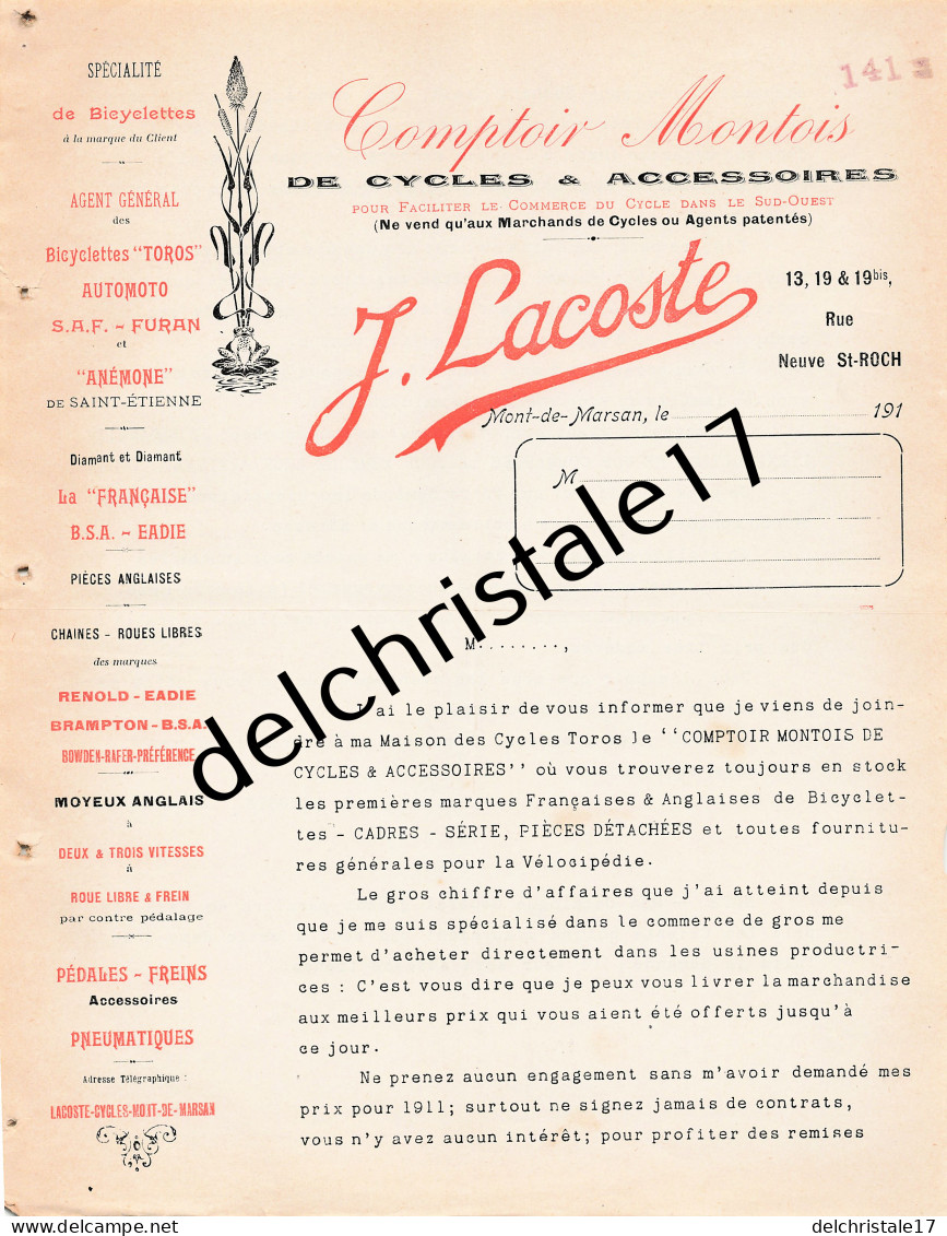 40 0257 MONT DE MARSAN LANDES 191. Comptoir MONTOIS De Cycles & Accessoires J. LACOSTE Marques TOROS SAF FURAN - Auto's