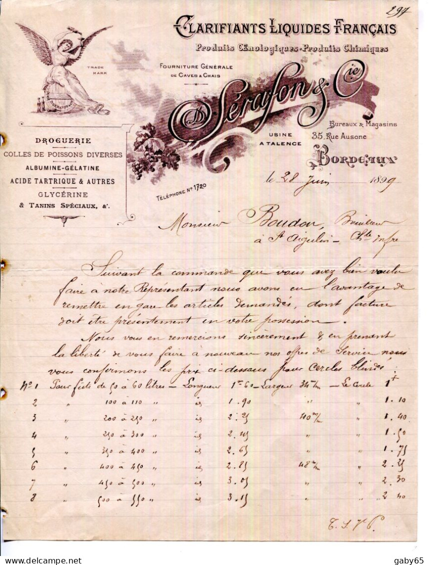 FACTURE.33.BORDEAUX.CLARIFIANTS LIQUIDES.PRODUITS ŒNOLOGIQUES & CHIMIQUES.SÉRAFON & Cie.USINE A TALENCE. - Drogisterij & Parfum