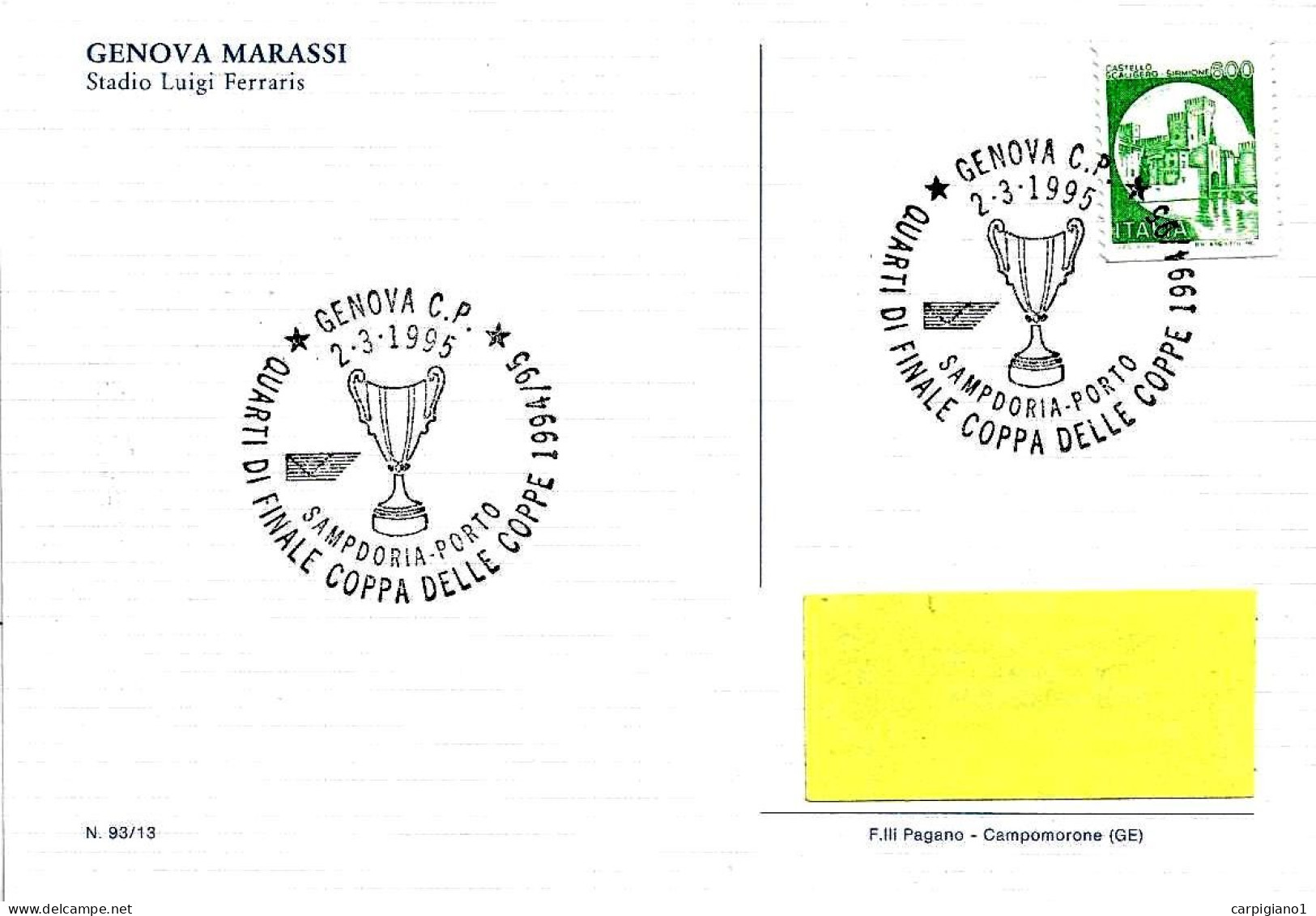 ITALIA ITALY - 1995 GENOVA Quarti Finale Coppa Coppe 1994-95 Calcio SAMPDORIA-PORTO Su Cartolina Stadio Ferraris - 7839 - 1991-00: Storia Postale