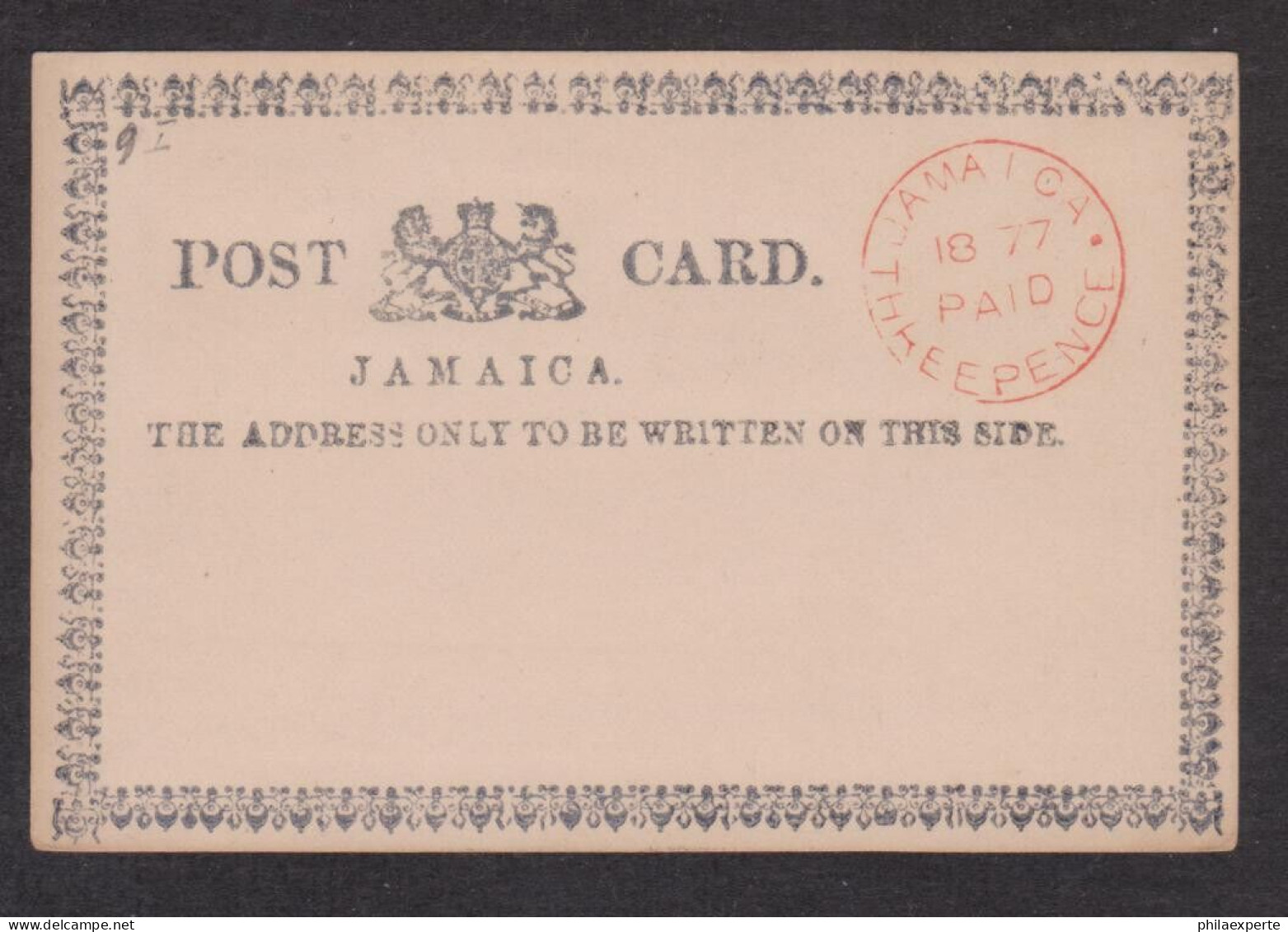 Jamaika GA Karte P 9 (11,6x7,5cm) Gestempelt Jamaica Paid 3 Pence Von 1877-selten - Jamaica (...-1961)
