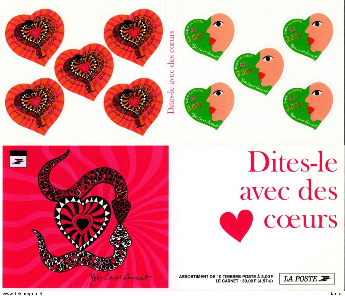 CARNET BC 27 "SAINT VALENTIN. COEURS DE YVES SAINT LAURENT" Autoadhésif. SOUS FACIALE, à Saisir. - Booklets