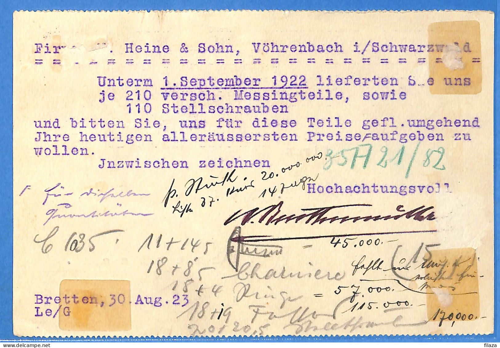 Allemagne Reich 1923 - Carte Postale De Bretten - G31083 - Cartas & Documentos